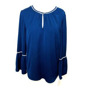 Tommy Hilfiger Navy Blue White Trim Crew Neck Bell Cuff Pullover Blouse Top M